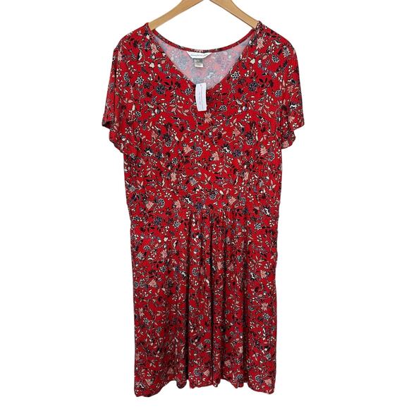 Christopher & Banks Womens XL Dress V Neck Red Floral Stretch Cottage Rayon - Picture 1 of 11
